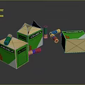 Green And Yellow MAXAM Ammunition Boxes With Various Colored Bullets Scattered Around 3d model