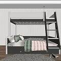 Modern Bunk Bed With White Upper And Gray Lower Bunk Mattress Pillows And Black Ladder