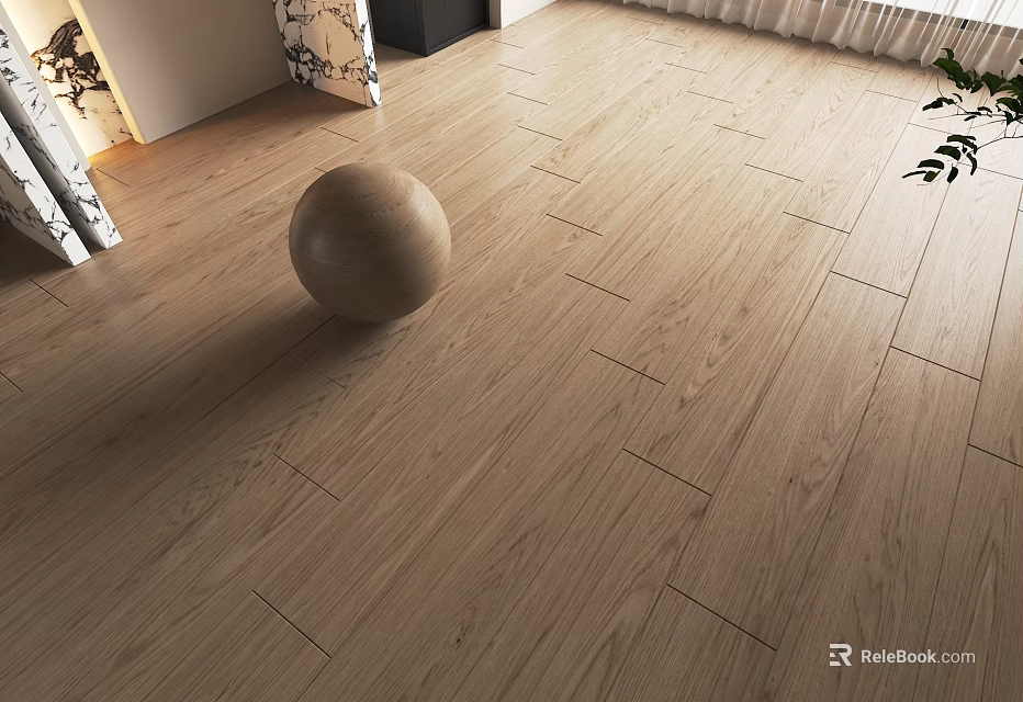 Light Wood Floor With Natural Grain Decorative Ball Green Plant And Curtain 3d model 