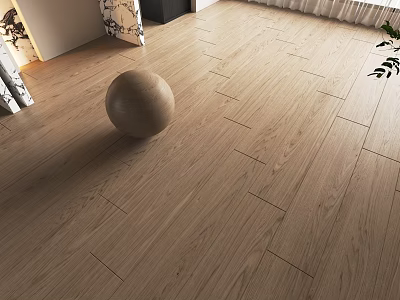 Light Wood Floor With Natural Grain Decorative Ball Green Plant And Curtain 3d model