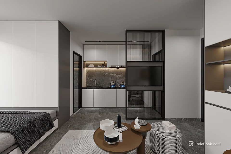 Modern Apartment Interior With Integrated Living Kitchen And Bedroom Spaces 3d model 