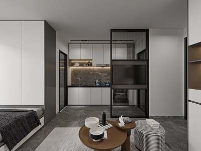 Modern Apartment Interior With Integrated Living Kitchen And Bedroom Spaces 3d model