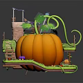 Whimsical Cottage Building With Purple Roof Giant Pumpkin Winding Vines And Ladder Path