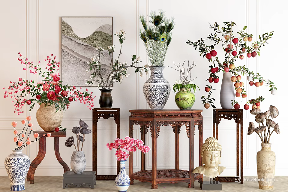 Traditional Ceramic Vases With Blooming Flowers And Decorative Branches In Chinese Style Interior 3d model 