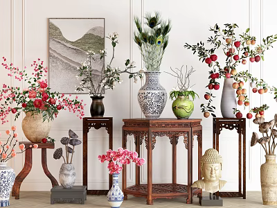 Traditional Ceramic Vases With Blooming Flowers And Decorative Branches In Chinese Style Interior 3d model