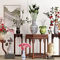 Traditional Ceramic Vases With Blooming Flowers And Decorative Branches In Chinese Style Interior
