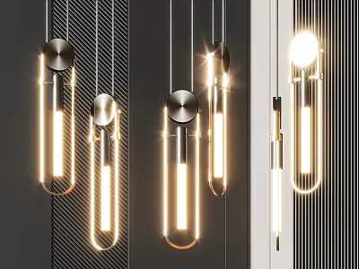 Multiple Modern Metallic Pendant Lights With Sleek Cylindrical Design And Warm Glowing Illumination 3d model