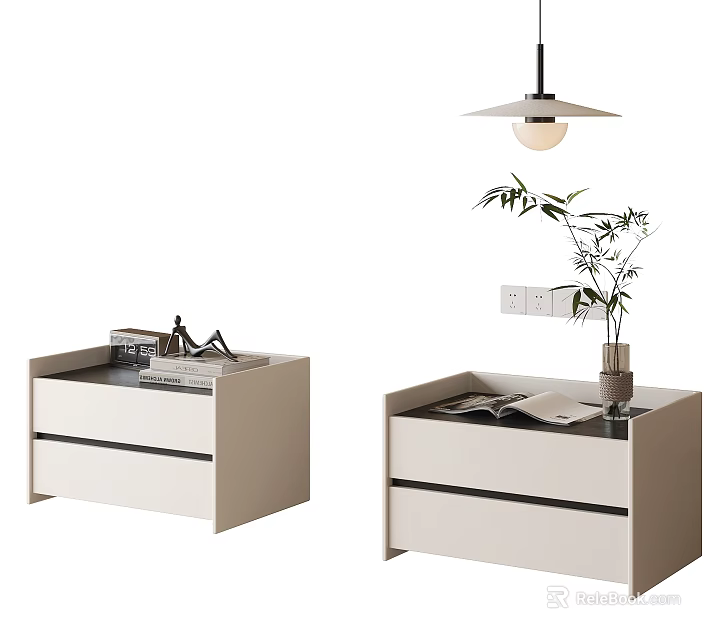 Modern Light Beige Bedside Table with Drawers and Open Book Bamboo Plant Vase 3d model 