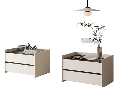 Modern Light Beige Bedside Table with Drawers and Open Book Bamboo Plant Vase 3d model