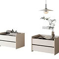 Modern Light Beige Bedside Table with Drawers and Open Book Bamboo Plant Vase