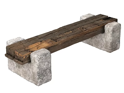 Rustic Outdoor Bench Featuring Solid Wood Seat And Natural Stone Legs 3d model