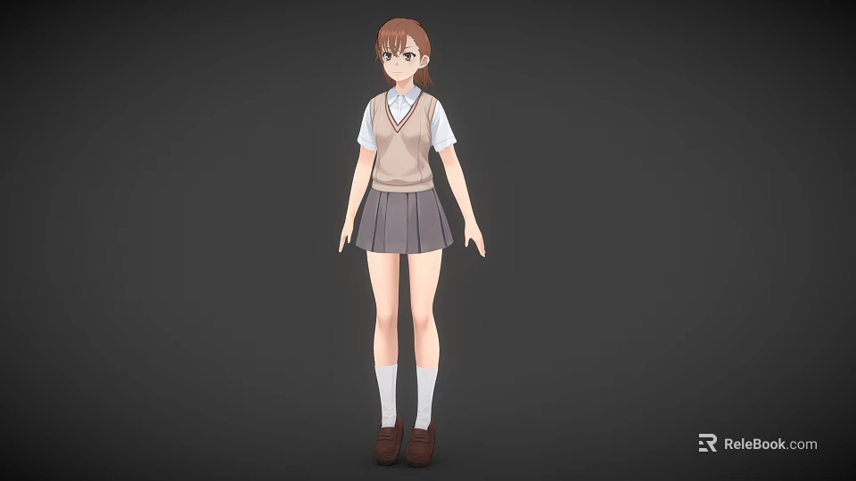 Young woman standing in school uniform with sweater vest white shirt and pleated skirt 3d model 