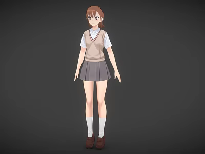 Young woman standing in school uniform with sweater vest white shirt and pleated skirt 3d model