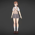 Young woman standing in school uniform with sweater vest white shirt and pleated skirt