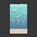 Pink And White Jellyfish Aquatic Animals Floating In Transparent Cube Underwater Scene
