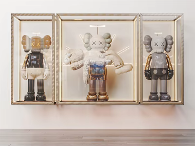 Three Collectible Character Sculptures Displayed in Glass Frames with Different Designs and White Wall Setting 3d model