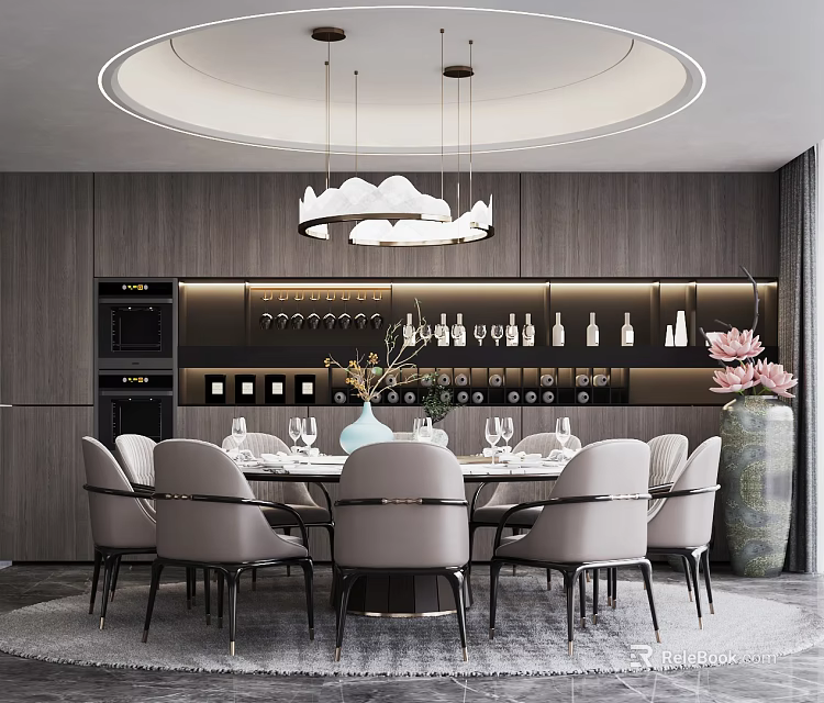 Modern Restaurant Interior Design with Round Dining Table Gray Chairs Pendant Lights and Wine Rack 3d model 