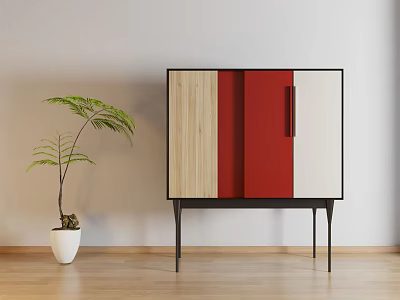 Modern Sideboard With Wooden Red And White Panels Black Legs And Potted Plant 3d model