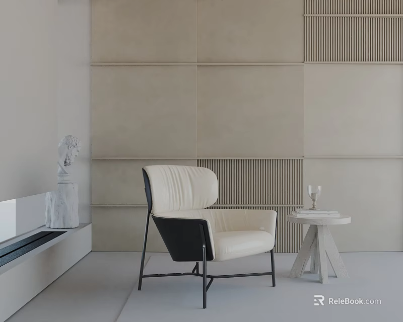 Modern Minimalist White And Black Leisure Chair With Side Table In Beige Wall Interior 3d model 