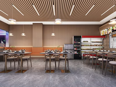 Modern Restaurant Interior With Wooden Ceiling Pendant Lights Tables Chairs And Marble Floor 3d model