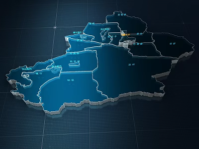 3D Blue Map With Detailed Regions Markers And Dark Grid Background 3d model