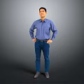 A Man Standing With Hands On Hips In Blue Shirt And Blue Jeans