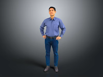 A Man Standing With Hands On Hips In Blue Shirt And Blue Jeans 3d model