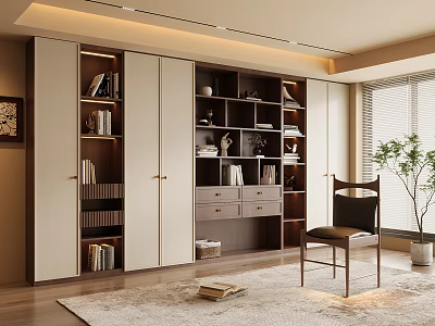 Modern Interior Bookcase Design With Sleek Compartments Drawers Chair And Plant 3d model