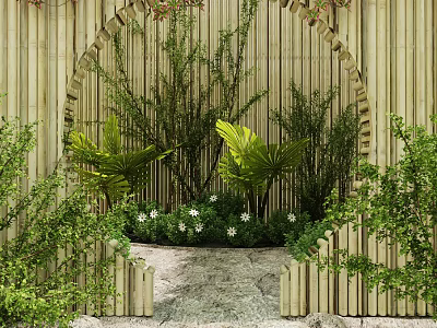 Garden Landscape with Arched Bamboo Fence Green Plants White Flowers and Stone Path 3d model