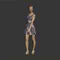 Fashionable Woman In Patterned Dress Standing Gracefully With Heels Against Grey Background