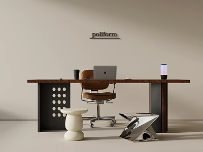 Poliform Modern Wooden Desk And Brown Leather Chair Office Setup With Laptop 3d model