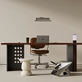 Poliform Modern Wooden Desk And Brown Leather Chair Office Setup With Laptop
