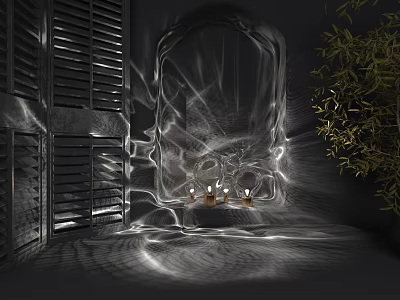 Table Lamp With Light And Shadow Effects Near Green Plant And Wooden Shutters 3d model