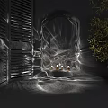Table Lamp With Light And Shadow Effects Near Green Plant And Wooden Shutters