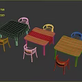 Modern Dining Table Set with Three Tables Black Red Wooden Tabletops and Two Chairs Each