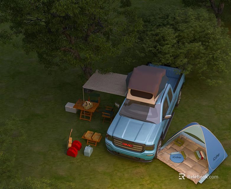 Scenic Campsite Featuring Blue Pickup Truck Tent Grassy Area And Camping Equipment 3d model 