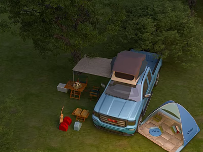 Scenic Campsite Featuring Blue Pickup Truck Tent Grassy Area And Camping Equipment 3d model