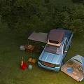 Scenic Campsite Featuring Blue Pickup Truck Tent Grassy Area And Camping Equipment