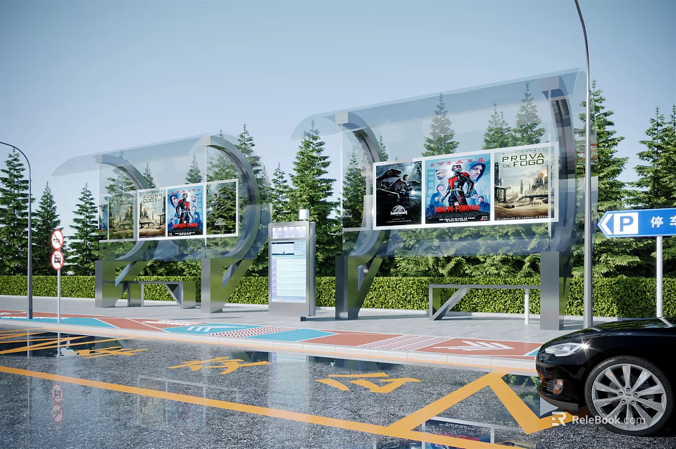 Modern Bus Station With Transparent Roof Billboards Movie Posters Green Trees And Wet Ground 3d model 