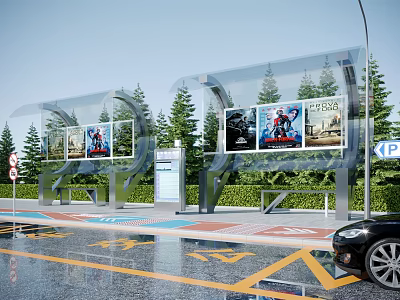 Modern Bus Station With Transparent Roof Billboards Movie Posters Green Trees And Wet Ground 3d model