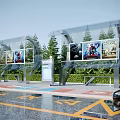 Modern Bus Station With Transparent Roof Billboards Movie Posters Green Trees And Wet Ground