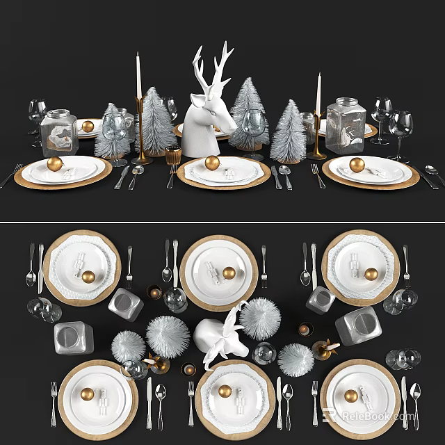 Elegant White Dinnerware Set With Gold Accents Cutlery Glassware And Decorative Figurines 3d model 
