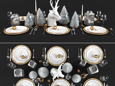 Elegant White Dinnerware Set With Gold Accents Cutlery Glassware And Decorative Figurines 3d model
