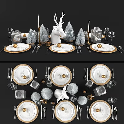 Elegant White Dinnerware Set With Gold Accents Cutlery Glassware And Decorative Figurines 3d model