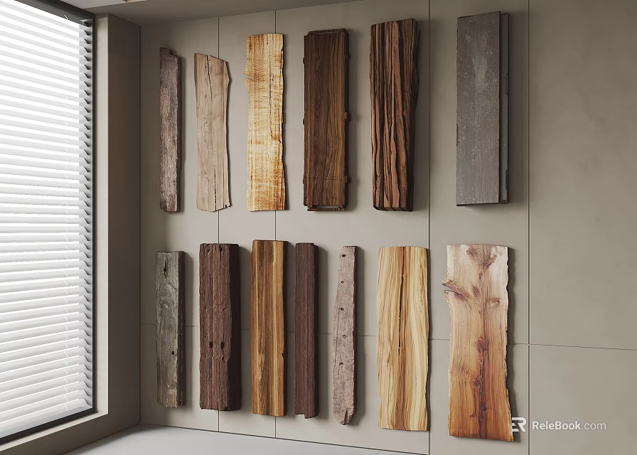 Wood And Stone Samples With Various Textures And Colors Displayed On Interior Wall For Design 3d model