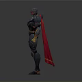 Sleek Dark Mechanical Warrior Character With Red Cape Blue Yellow Accents And Green Gemstone Chest