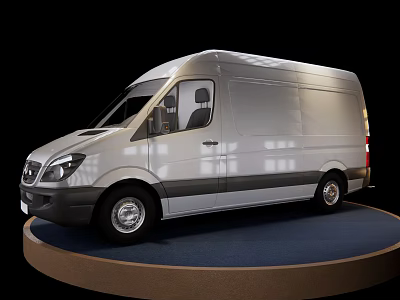 White Commercial Van Showcased On Circular Display Platform With Black Background 3d model