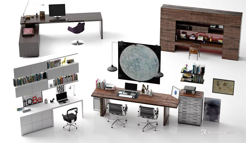 Modern Wooden Office Desk With Computer Monitor Desk Lamp Ergonomic Chair And Bookshelf 3d model 