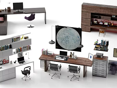 Modern Wooden Office Desk With Computer Monitor Desk Lamp Ergonomic Chair And Bookshelf 3d model