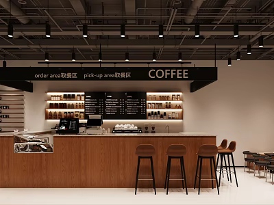 Modern Café Interior With Order Pick Up Areas Wooden Counter Bar Stools And Drinks Shelves 3d model